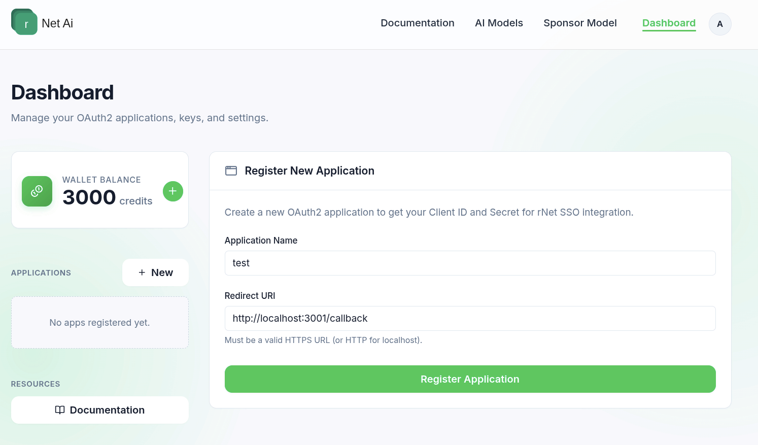 rNet Developer Dashboard showing wallet balance, application registration, and resource links