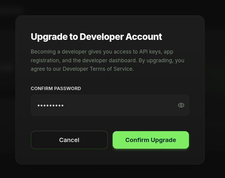 Upgrade to Developer Confirmation