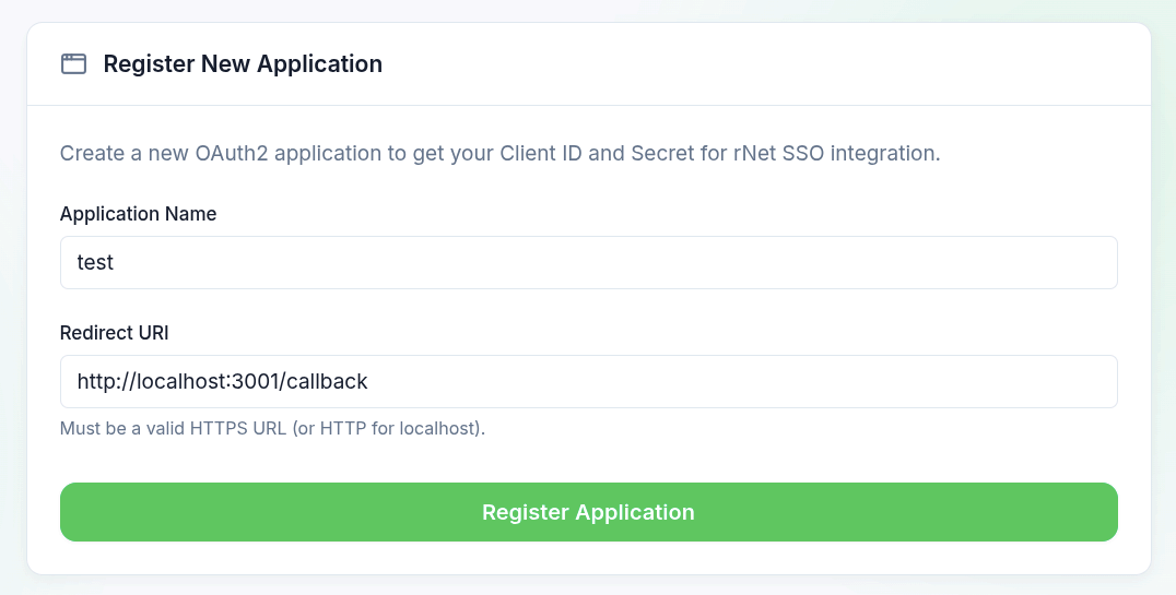 Application registration form showing Application Name and Redirect URI fields