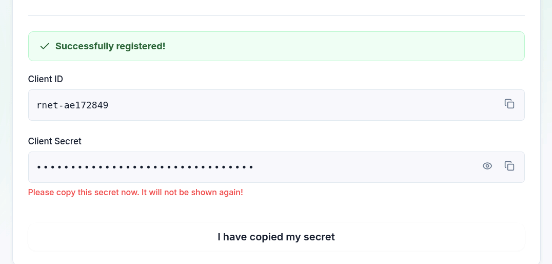 Successful registration screen showing Client ID and Client Secret