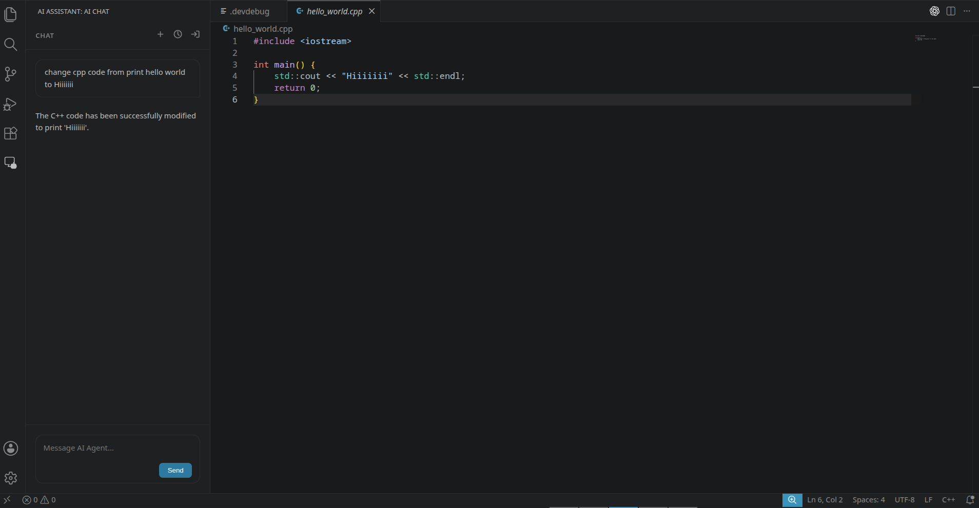 VS Code AI Assistant showing a successful code modification