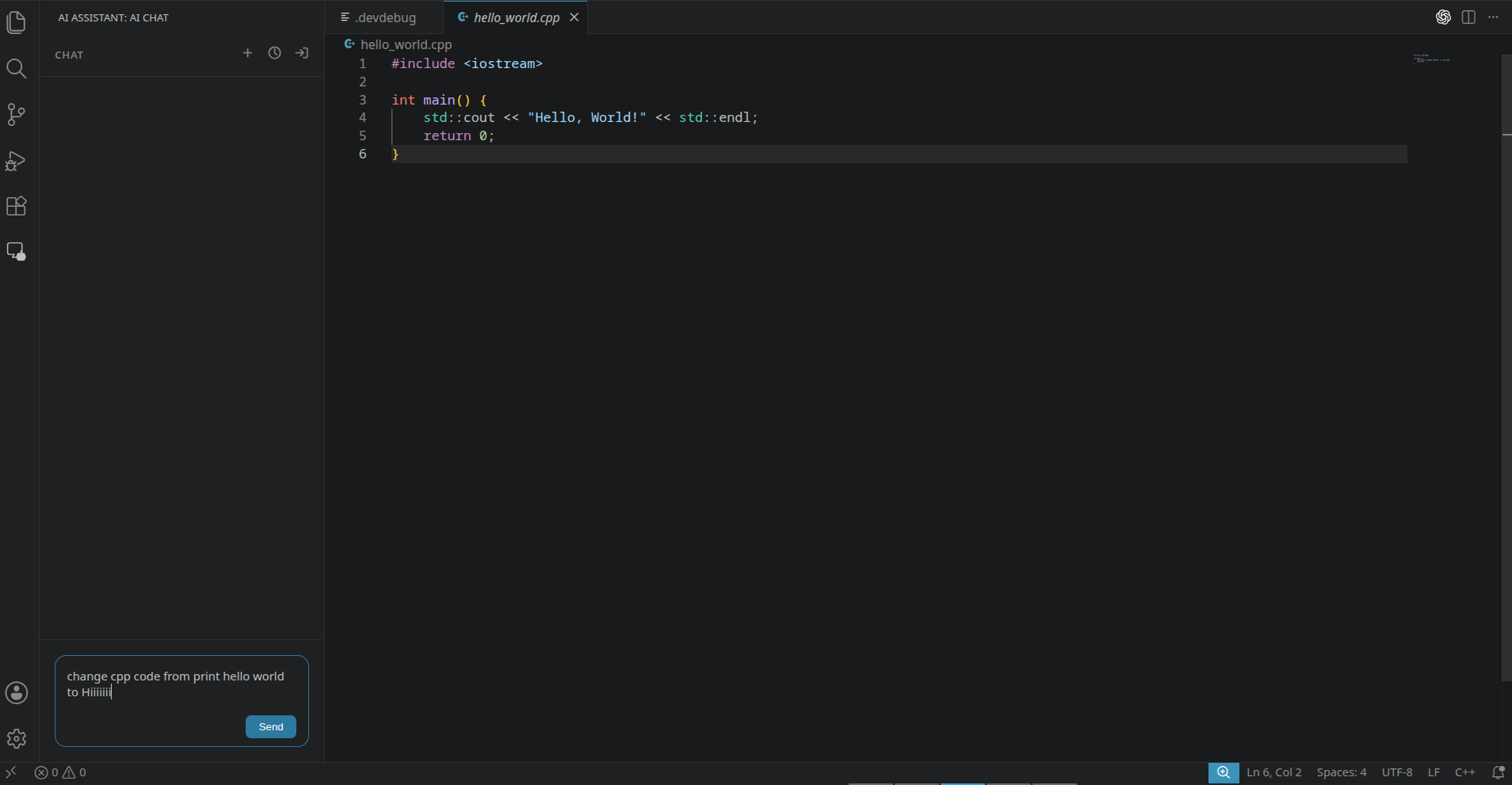 VS Code AI Assistant chat prompt inside the editor