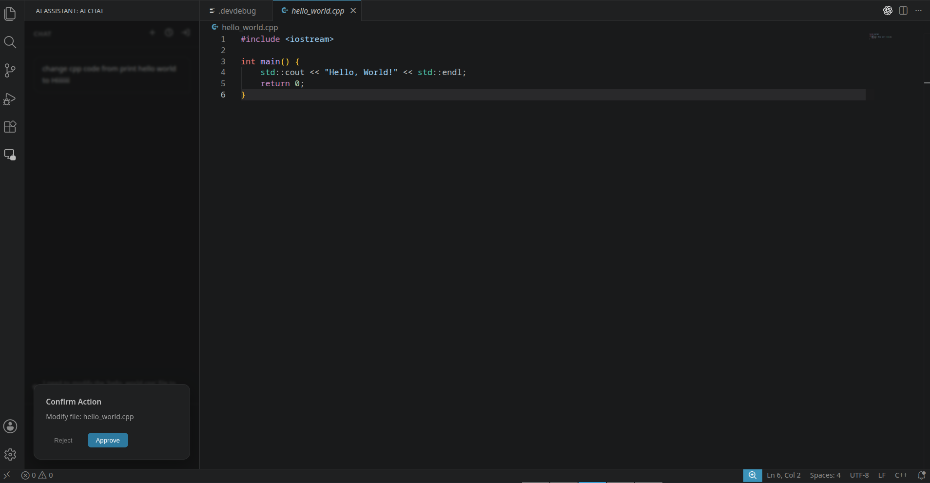 VS Code AI Assistant confirmation dialog before modifying a file