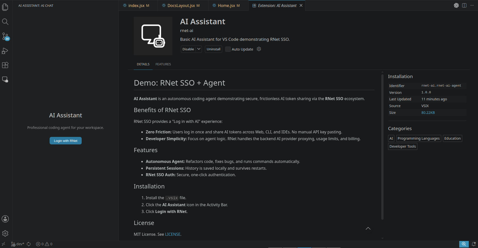 VS Code extension page for the AI Assistant demo